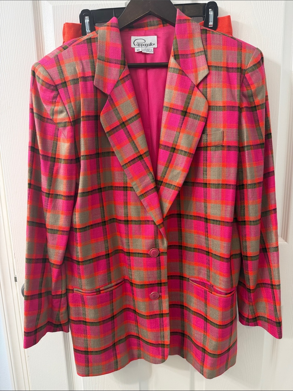 Pappagallo Hot Pink, orange and olive Plaid Blazer and Orange Pleated Skirt